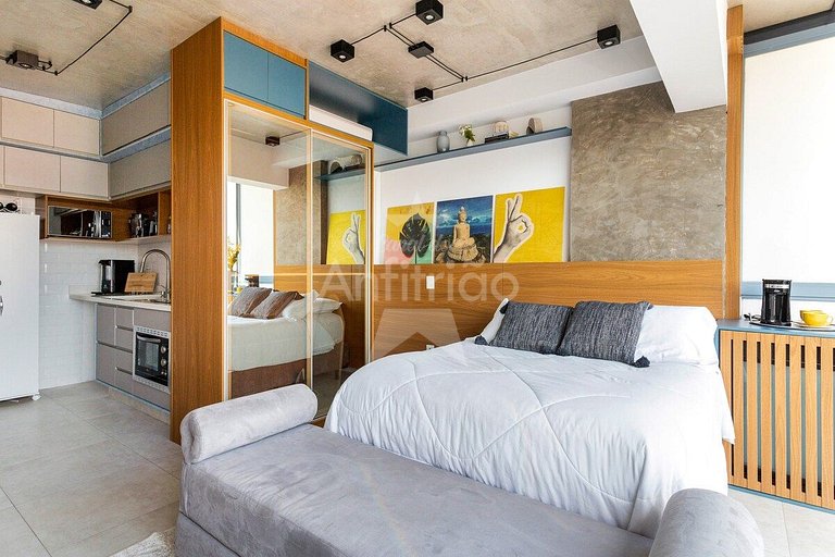 Studio 19º com vista + A/C + piscina | 6x s/ juros