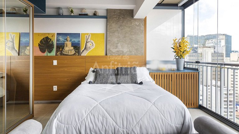 Studio 19º com vista + A/C + piscina | 6x s/ juros