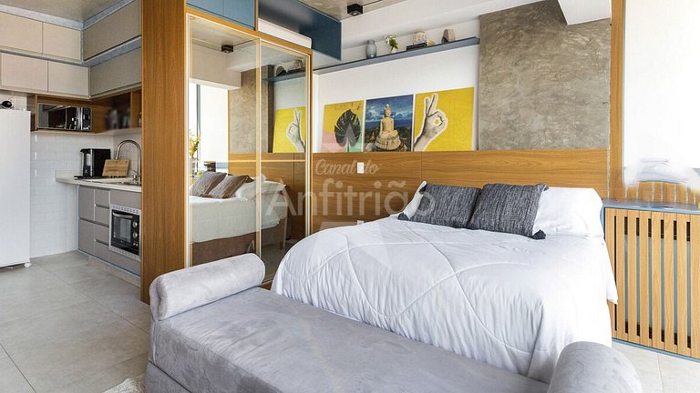 Studio 19º com vista + A/C + piscina | 6x s/ juros